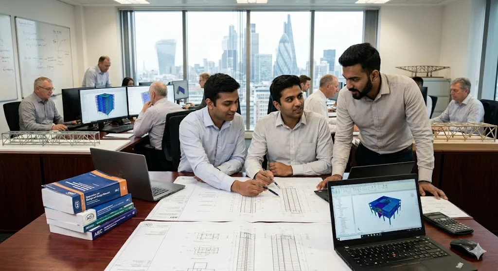Engineers collaborating on structural design plans in a modern office with city skyline views.