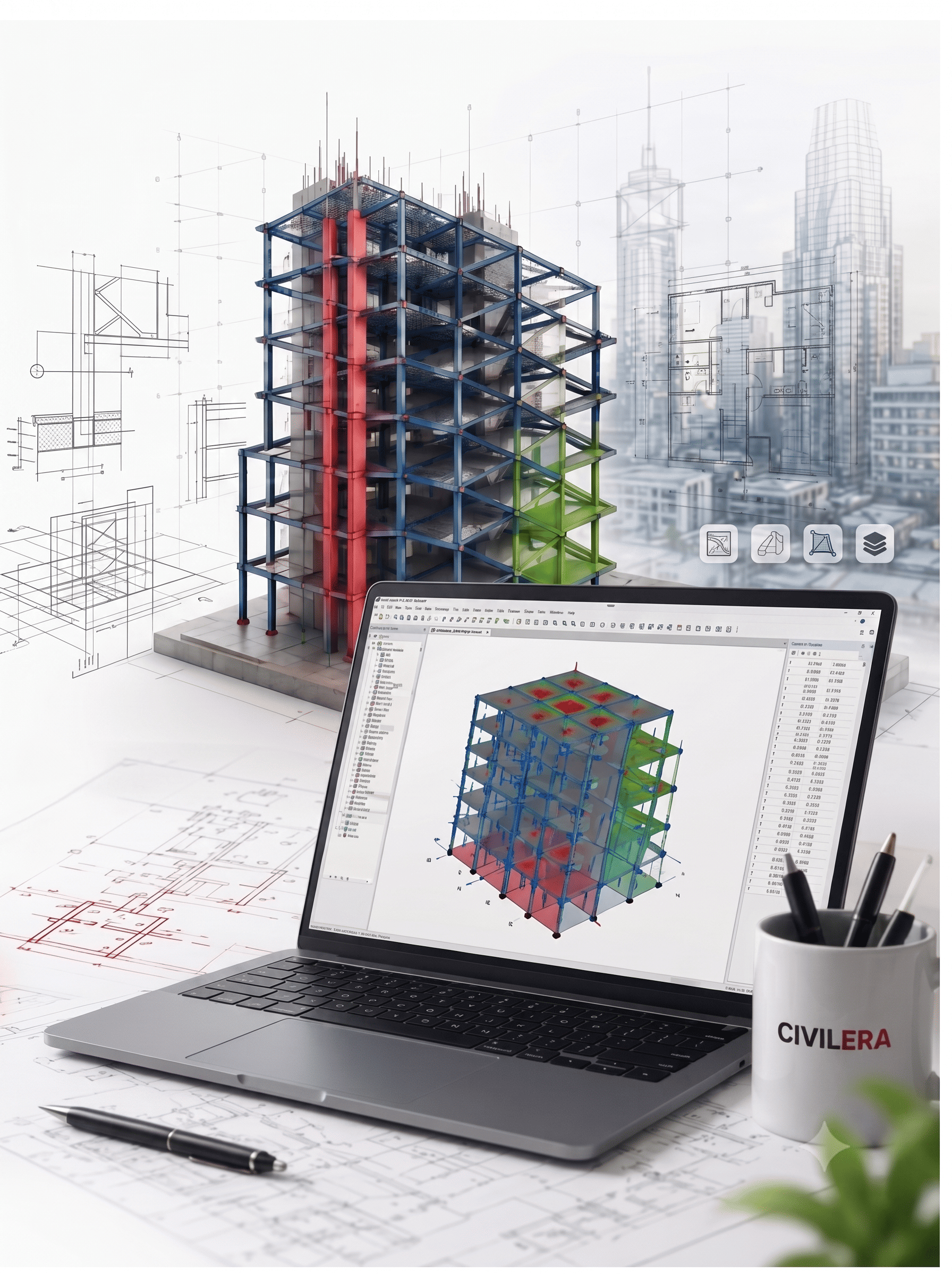 ETABS structural model on a laptop beside a physical building model and a CivilEra mug